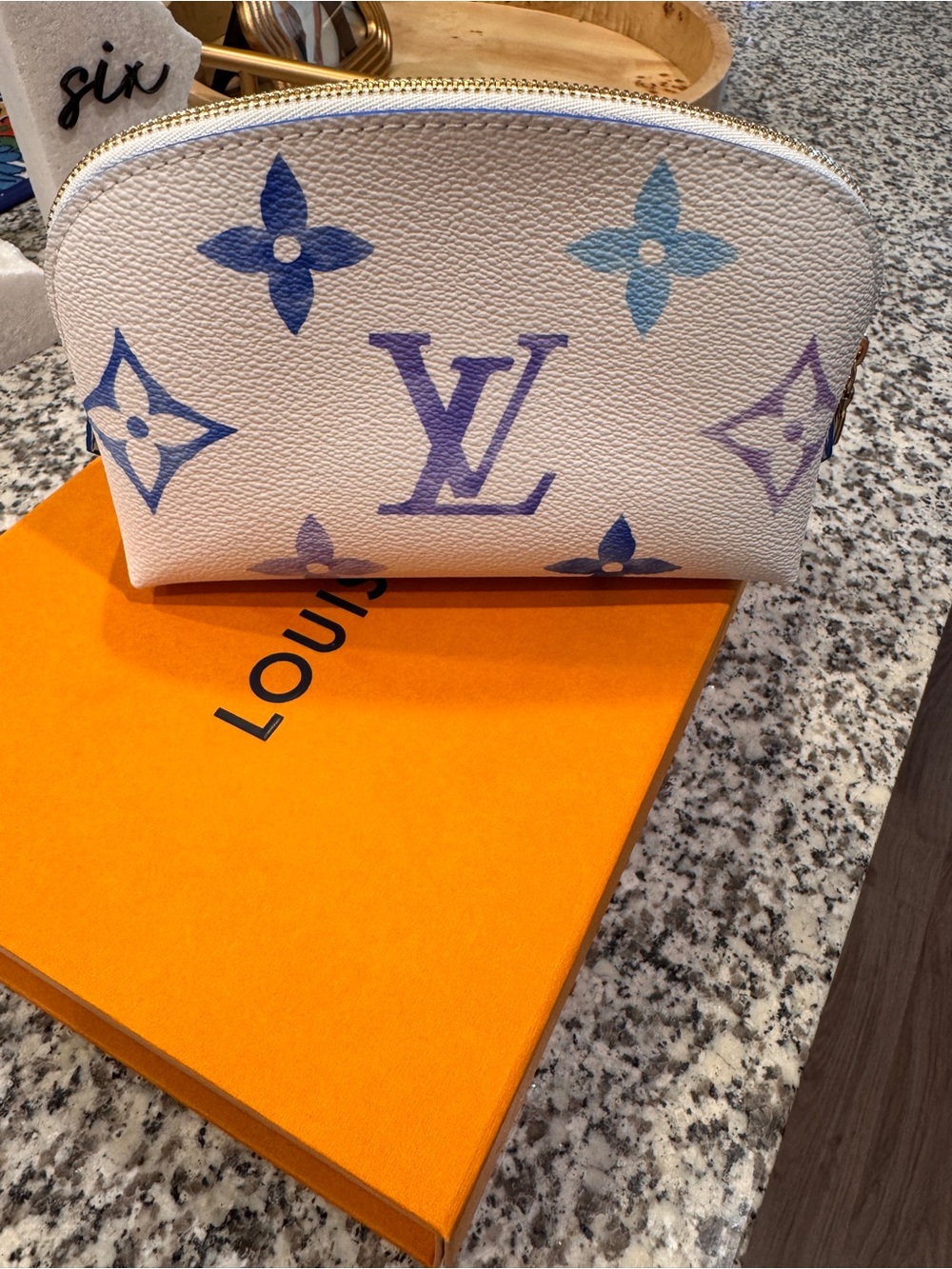 Louis Vuitton White Leather Monogram Cosmetic Pouch with Blue & Purple Accents